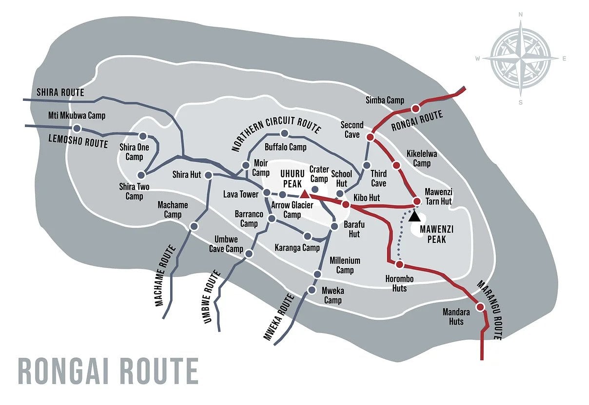 Rongai Route map showing the trekking trail, camps and Uhuru Peak