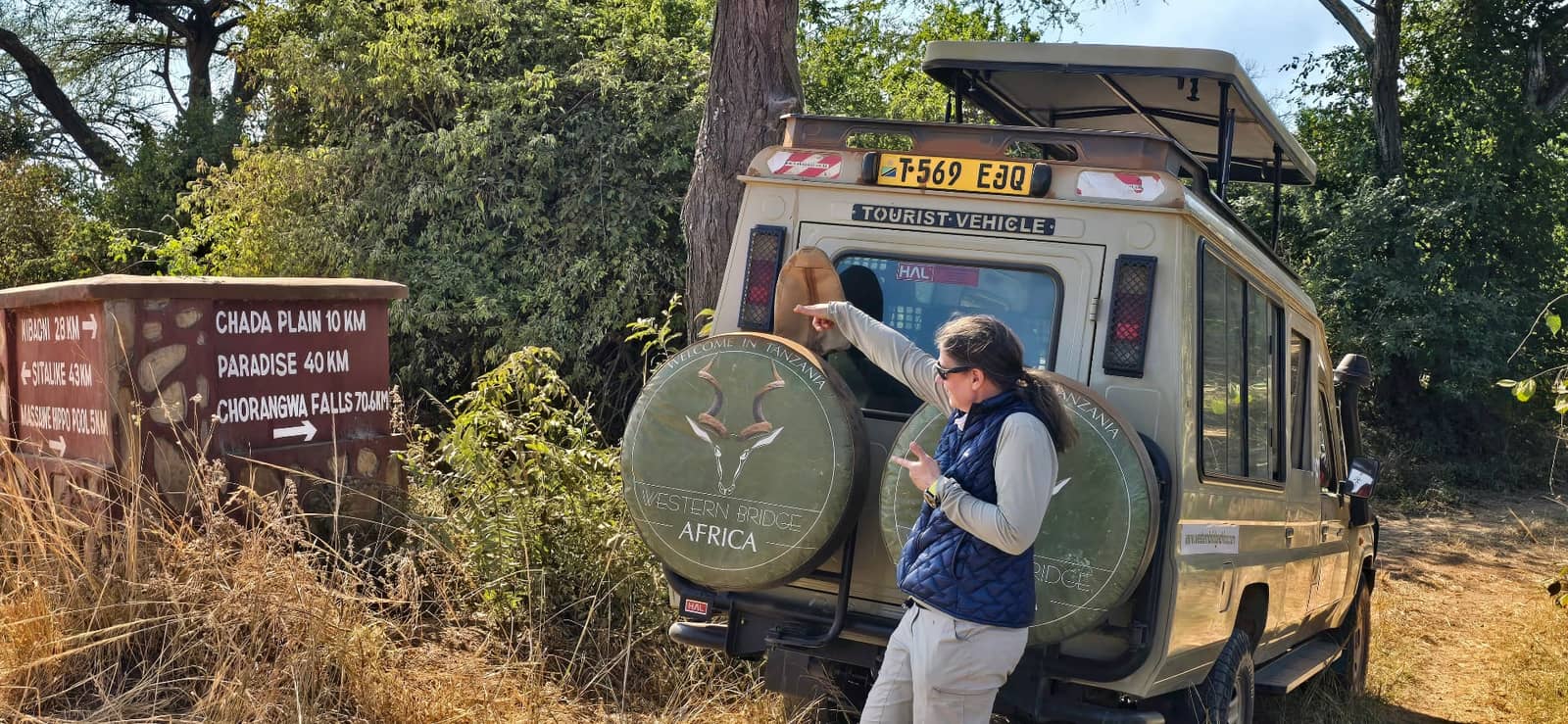 Western Bridge Africa Land Cruiser at the Katavi National Park signpost